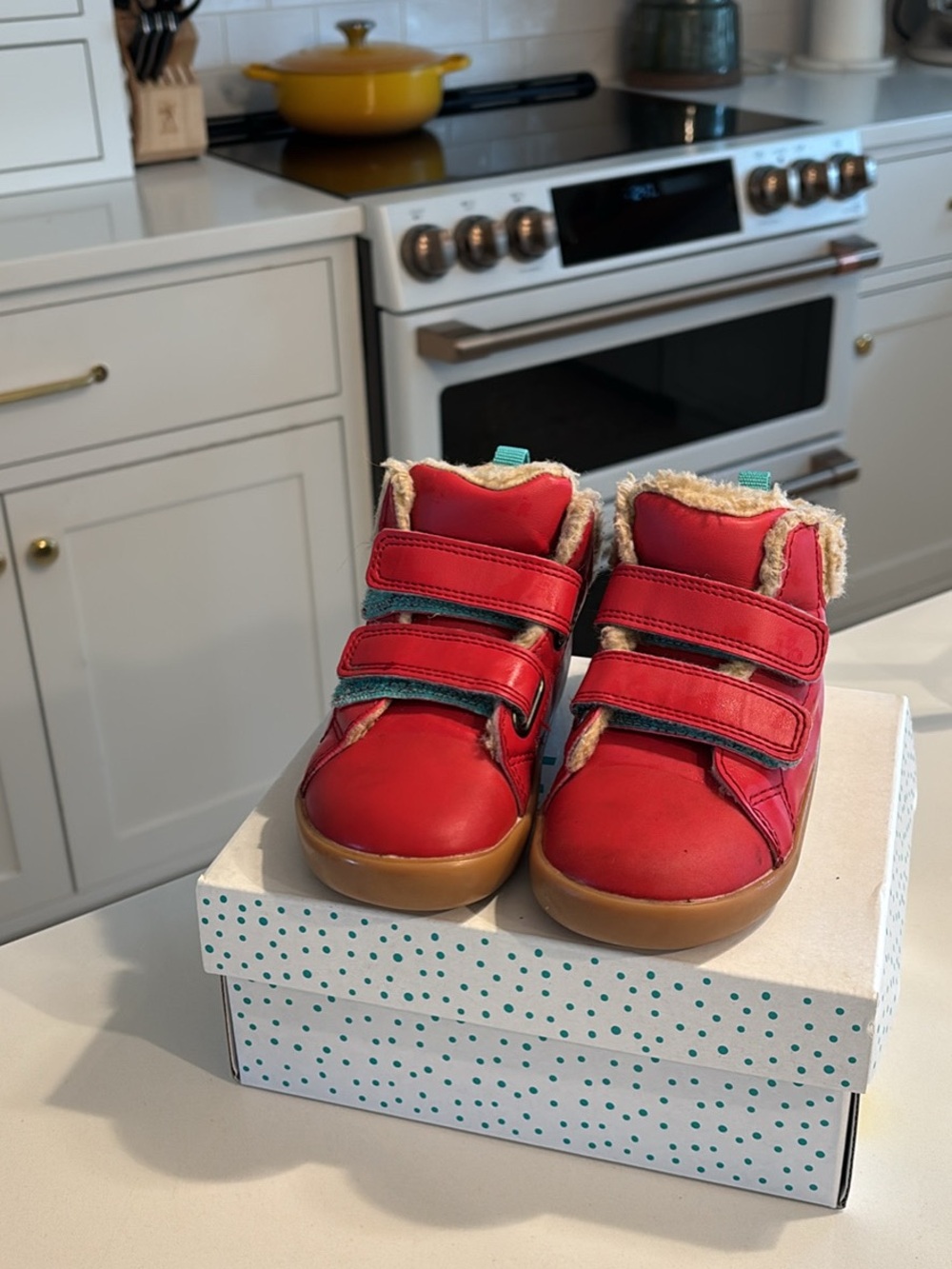 Kids Red Faux-Fur Lined Winter Boots with Hook-and-Loop Straps